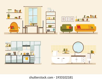 set with interiors, bathroom, living room and bedroom, flat vector illustration of rooms with furniture