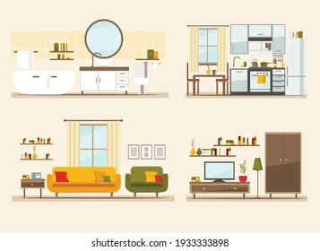 set with interiors, bathroom, living room and bedroom, flat vector illustration of rooms with furniture