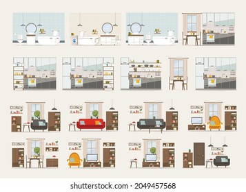 set with interiors, bathroom, living room and bedroom, flat vector illustration of rooms with furniture