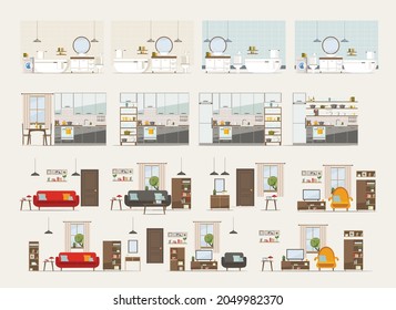 set with interiors, bathroom, living room and bedroom, flat vector illustration of rooms with furniture