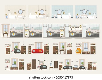 set with interiors, bathroom, living room and bedroom, flat vector illustration of rooms with furniture
