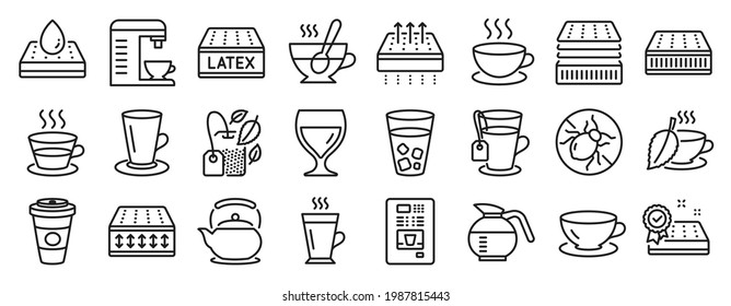 Juego de iconos de interiores, como Cappuccino, Latte, iconos de té. Colchón impermeable, bolsa de menta, letreros de máquina de café. Vidrio, Cafetería, Colchón. Té de menta, cafetera, tetera. Tacup. Vector