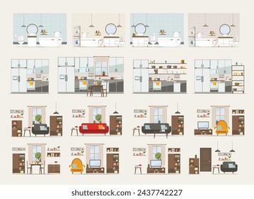 Set mit Interieur, Küche, Bad, Wohn- und Schlafzimmer, flache Vektor-Illustration von Räumen mit Ausrüstung