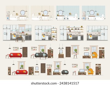 set with interiors, kitchen, bathroom, living room and bedroom, flat vector illustration of rooms with equipment