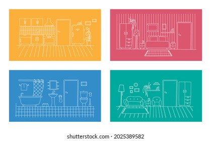 Conjunto de interiores de sala de estar, dormitorio, baño, cocina. Los contornos lineales del mobiliario. Ilustración vectorial monocroma. Apartamento de fondo vectorial.