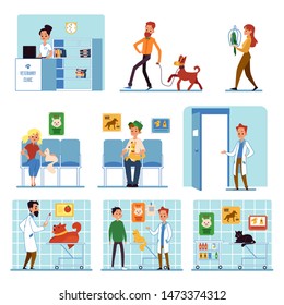 Set of interiors and situations in the veterinary clinic for animals. Patients and animals, dogs and cats treated by doctors at the veterinary clinic. Isolated cartoon flat vector illustration.