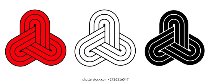 Conjunto de iconos de nudo triángulo entrelazado en colores rojo, blanco y negro. Imagen Clipart aislada en el fondo.