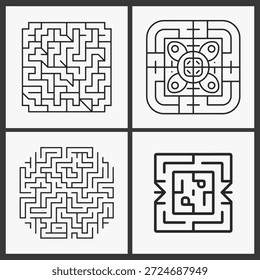 Conjunto de design de motivo de labirinto geométrico interligado. O labirinto não é muito complexo, mas ainda é desafiador navegar. Ilustração de vetor