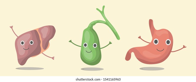 The Set Internal Organs Liver, Gall Bladder, Stomach Of The Human Body, Smolders, Waves Its Hands. Vector Illustration In Eps10, Graphic Design. Colorful Icon