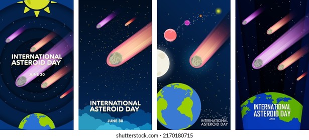 Conjunto de afiches del Día Internacional de los Asteroides y plantillas de historias de medios sociales. 30 de junio. Asteroides volando por el espacio con planetas y elementos del sistema solar en segundo plano. Ilustración vectorial. EPS 10.