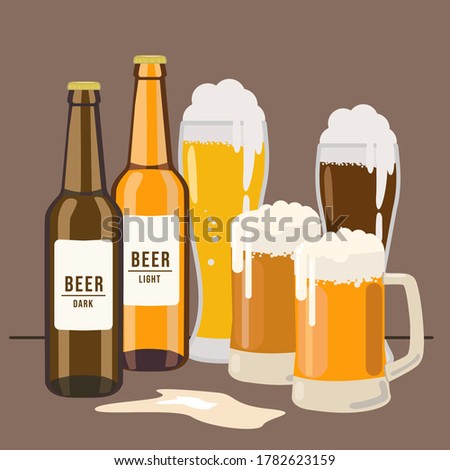 Set for the International beer day. Vector illustration of light and dark beer bottles with label and text. Glasses and mugs with beer and foam. Spilled beer on the table