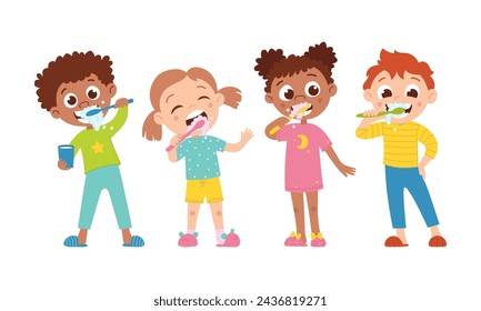 Set von internationalen Jungen und Mädchen. Kinder und Hygiene. Ein Kind putzt sich die Zähne. Vektor flache Cartoon-Illustration