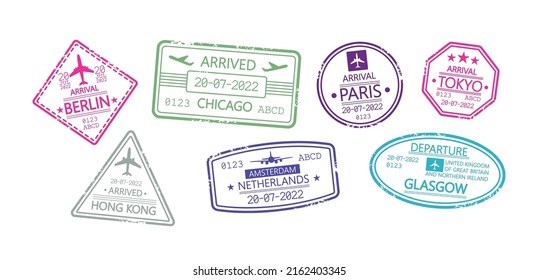 Set of International Business Travel Visa Rubber Stamps. Berlin, Chicago and Paris, Tokyo, Hong Kong and Netherlands or Glasgow Cities Arrival Signs Collection of Passport Symbols. Vector Illustration