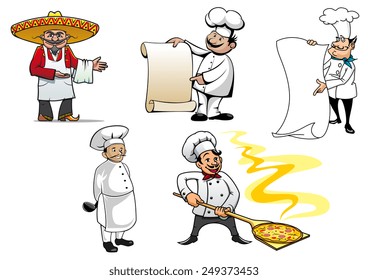 Set of international chefs colored vector character icons with a Mexican, French, German, an oriental cook and Italian making pizza