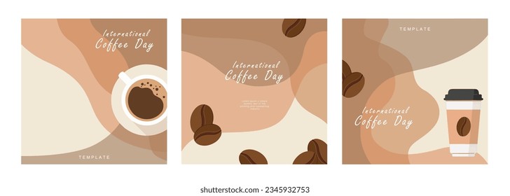 Set of International Coffee Day banner, 1st October holiday. Geometric simple minimalistic horizontal greeting flat style for banner, poster, background. Vector illustration.