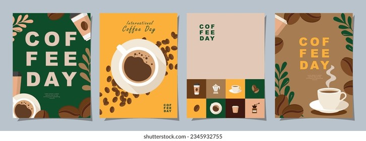 Set of International Coffee Day banner, 1st October holiday. Geometric simple minimalistic horizontal greeting flat style for banner, poster, background. Vector illustration.