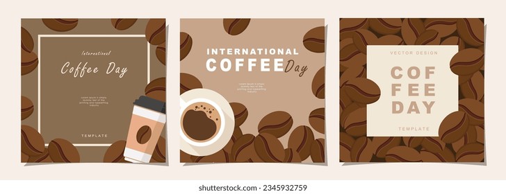 Set of International Coffee Day banner, 1st October holiday. Geometric simple minimalistic horizontal greeting flat style for banner, poster, background. Vector illustration.