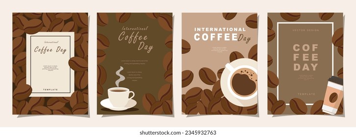 Set of International Coffee Day banner, 1st October holiday. Geometric simple minimalistic horizontal greeting flat style for banner, poster, background. Vector illustration.