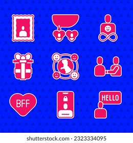 Set International community, Incoming call mobile, Acquaintance, Happy friendship day, BFF or best forever, Gift box, Friends and Picture frame icon. Vector