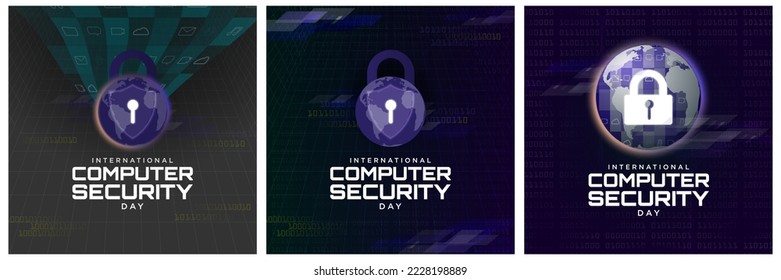 Set of International Computer Security Day Greeting Card Posters. Computer Security Icon with padlock, binary code elements. Vector Illustration. EPS 10.