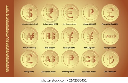 Conjunto de ilustraciones vectoriales de moneda internacional y símbolo de dinero. Dólar, rupia, euro, libra, lira, won, rublos, pesos, yenes, yuan peseta, dólar australiano y colección de monedas en dólares canadienses