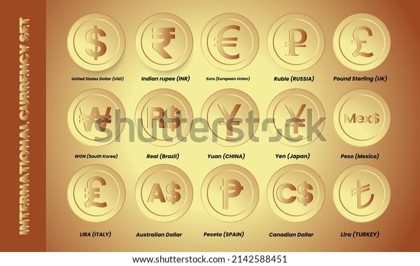 Set of international currency and money symbol\
vector illustration. Dollar, Rupee, Euro, Pound, Lira, Won, Ruble,\
Pesos, Yen, Yuan Peseta, Australian Dollar and Canadian Dollar coin\
collection