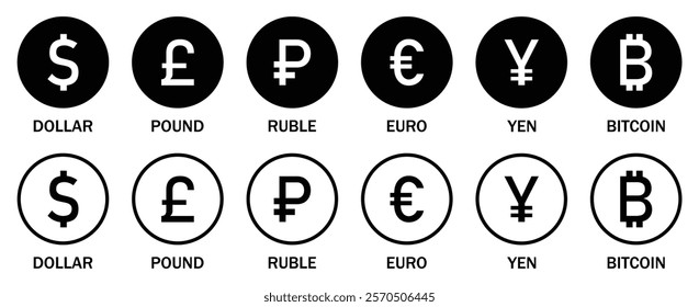 Set of international currency sign symbol. World currency silhouette and line icons set isolated on a white background. Vector illustration.