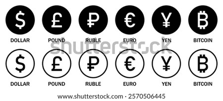 Set of international currency sign symbol. World currency silhouette and line icons set isolated on a white background. Vector illustration.