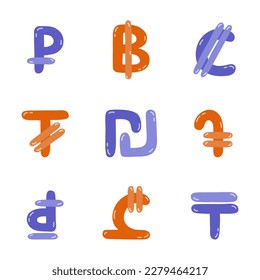 Set of international currency symbols. Cute hand drawn vector illustration with money signs. Coins of different countries: dollar sigh, euro, yuan, pesos. Colorful vector clipart set in naive style.