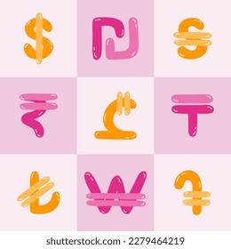 Set of international currency symbols. Cute hand drawn vector illustration with money signs. Coins of different countries: dollar sigh, euro, yuan, pesos. Colorful vector clipart set in naive style.