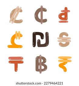 Set of international currency symbols. Cute hand drawn vector illustration with money signs. Coins of different countries: dollar sigh, euro, yuan, pesos. Colorful vector clipart set in naive style.