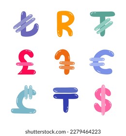 Set of international currency symbols. Cute hand drawn vector illustration with money signs. Coins of different countries: dollar sigh, euro, yuan, pesos. Colorful vector clipart set in naive style.