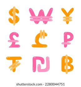Set of international currency symbols. Cute hand drawn vector illustration with money signs. Coins of different countries: dollar sigh, euro, yuan, pesos. Colorful vector clipart set in naive style.