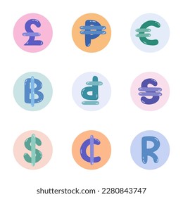 Set of international currency symbols. Cute hand drawn vector illustration with money signs. Coins of different countries: dollar sigh, euro, yuan, pesos. Colorful vector clipart set in naive style.