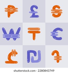 Set of international currency symbols. Cute hand drawn vector illustration with money signs. Coins of different countries: dollar sigh, euro, yuan, pesos. Colorful vector clipart set in naive style.