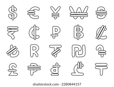 Set of international currency symbols. Cute hand drawn vector illustration with money signs. Coins of different countries: dollar sigh, euro, yuan, pesos. Colorful vector clipart set in naive style.