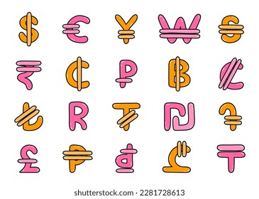 Set of international currency symbols. Cute hand drawn outline illustration with money signs. Coins of different countries: dollar sigh, euro, yuan, pesos. Colorful vector clipart set in naive style.