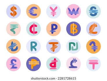 Set of international currency symbols. Cute hand drawn vector illustration with money signs. Coins of different countries: dollar sigh, euro, yuan, pesos. Colorful vector clipart set in naive style.