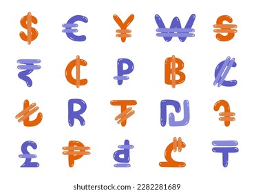 Set of international currency symbols. Cute hand drawn vector illustration with money signs. Coins of different countries: dollar sigh, euro, yuan, pesos. Colorful vector clipart set in naive style.