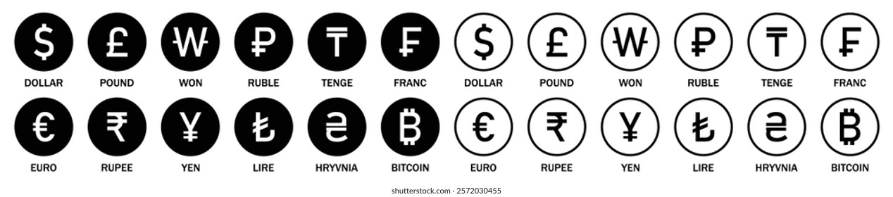 Set of international currency vector icons. Collection of currency icons. Popular currency sign symbol. World currency silhouette and outline icons set isolated. Flat design. Vector illustration.