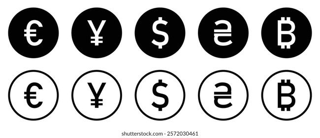 Set of international currency vector icons. Collection of currency icons. Popular currency sign symbol. World currency silhouette and outline icons set isolated. Flat design. Vector illustration.