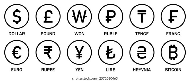 Set of international currency vector icons. Collection of currency icons. Popular currency sign symbol. World currency silhouette and outline icons set isolated. Flat design. Vector illustration.