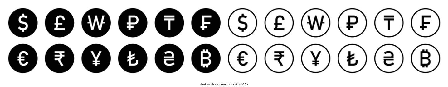 Set of international currency vector icons. Collection of currency icons. Popular currency sign symbol. World currency silhouette and line icons set isolated. Flat design. Vector illustration.