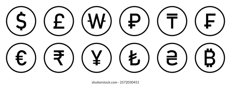 Set of international currency vector sign symbol. Collection of currency icons. Popular currency sign symbol. World currency silhouette and line icons set isolated. Flat style. Vector illustration.