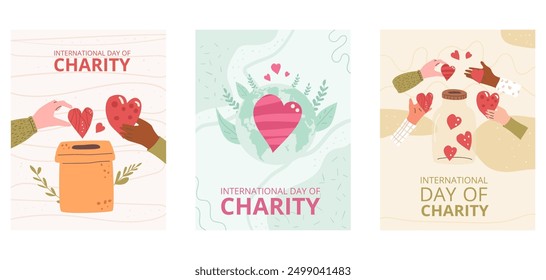 Set of International day of charity templates. Charitable event invitation. Planet Earth with heart and donation boxes greeting cards. Non profit organizations design. Vector illustration.