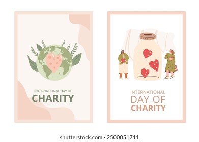 Set of International day of charity templates. Charitable event invitation. Planet Earth with heart and donation box invitation cards. Non profit organizations design. Vector  flat illustration.