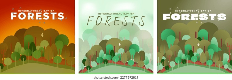 Set of International Day of Forests Greeting Card Posters. Forest of Geometric trees on gradient backgrounds and sunsets with flock of birds in sky.  Celebrated on March 21. Ecology. Vector. EPS 10.
