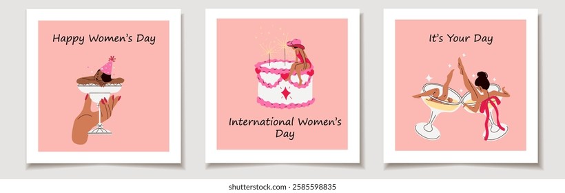A set of International Women’s Day greeting cards featuring fun and festive party vibes. Designed to celebrate women with vibrant, stylish, and empowering themes