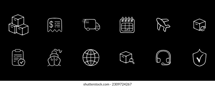 Set of international delivery icons. Parcel, package, globe, transportation, shipping. Logistics concept. Black color background. Vector 12 line icon