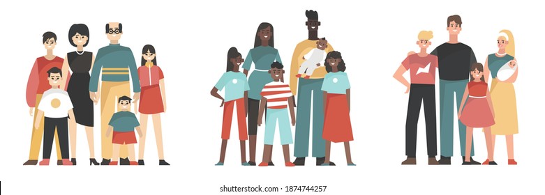 Set of international family with kids. Father, mother, daughter and son together. Vector illustration in flat style.